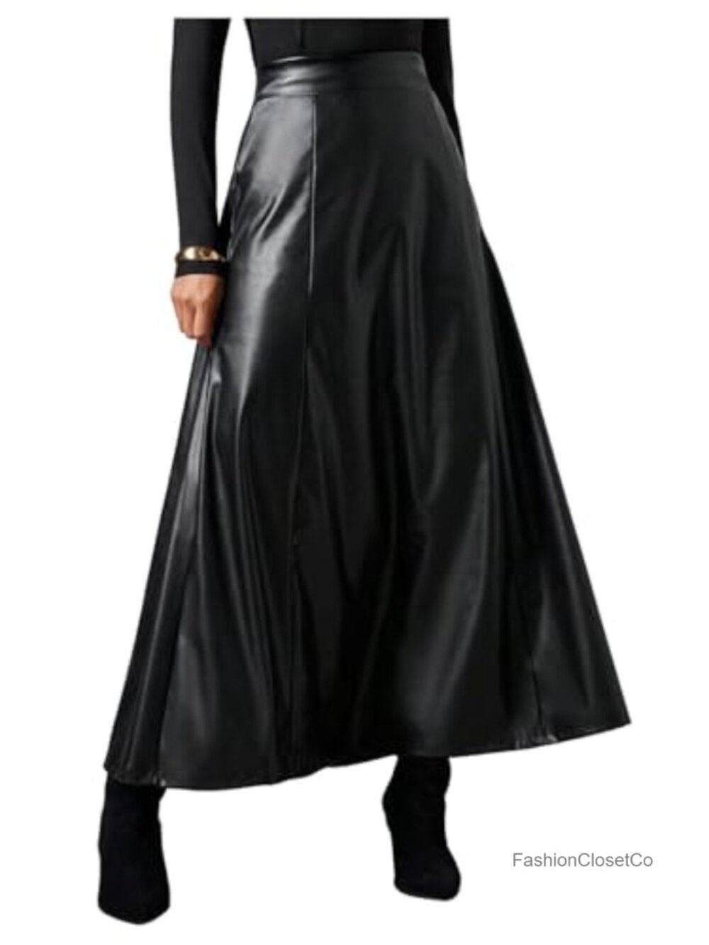 Faux Leather Maxi Skirt High Waisted A Line Flare Hem Going Out
